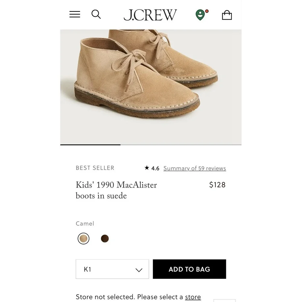 Crewcuts 1990 MacAlister boots suede Dark Chestnut Boys Size K 1 Made Italy NEW
